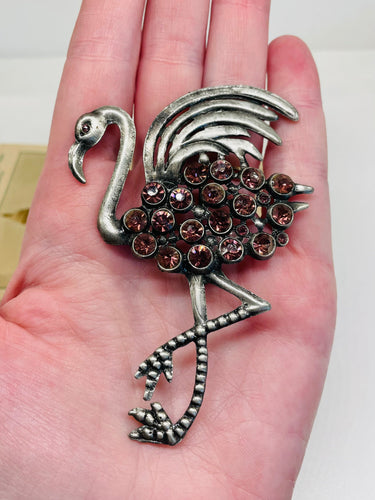 Vintage Silver Tone Pink Rhinestone Flamingo Brooch Jewelry Bloomers and Frocks